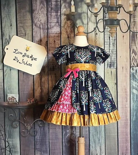 Menorah Tree Holiday Dress, Gold Ruffle, Size 2T, OOAK