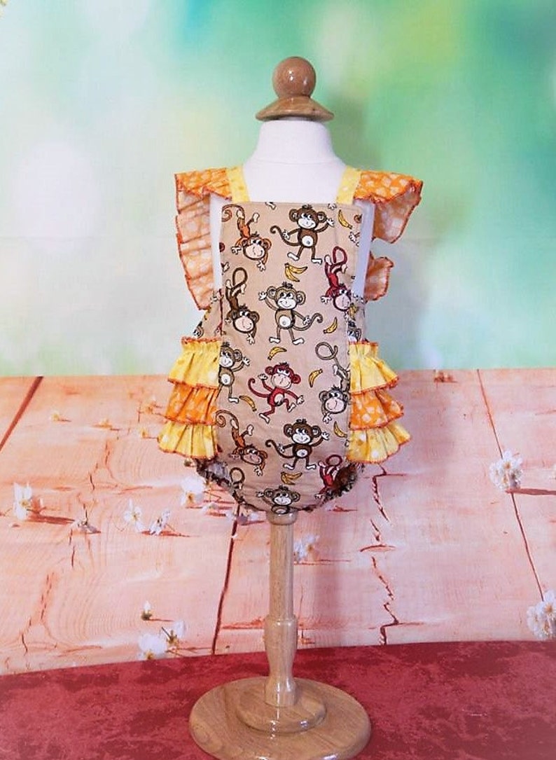 ready to ship monkey ruffle romper ruffle bum romper Baby ruffle romper baby girl romper OOAK summer suit flutter sleeve romper
