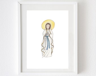 Our Lady of Lourdes Art Print // Saint Watercolor Art - Baptism Gift - Catholic Gift - Church -Confirmation - Frameable Gift