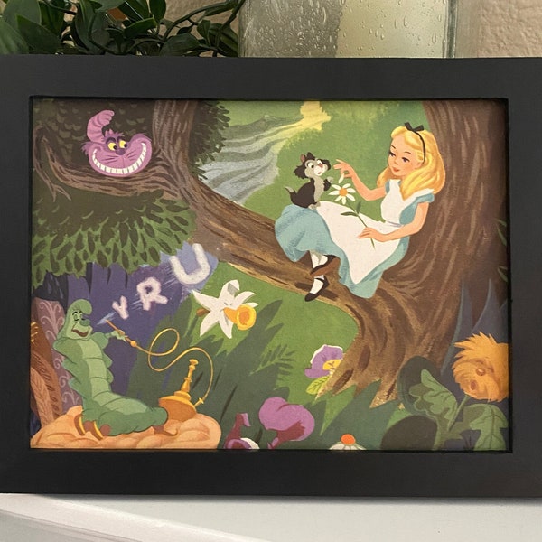 Wonderland - Vintage Disney Alice in Wonderland Storybook Art - 1951 - Framed Disney Art - Disney Gifts - Smoking Caterpillar, Chesire Cat