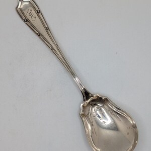May include: A silver-toned metal spoon featuring an ornate handle with a decorative border and a central engraved letter E. The bowl of the spoon has a scalloped edge and a subtle embossed pattern near the base of the handle, reflecting light.