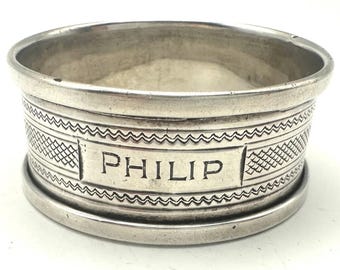 Vintage English Sterling Silver Napkin Ring "Philip" name engraving, d. 1945 13g