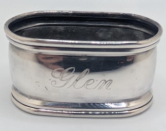 Servilletero vintage de plata de ley con grabado del nombre "Glen"