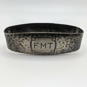 Antique Arts & Crafts hand hammered Sterling Silver Napkin Ring &quot;FMT&quot; initials