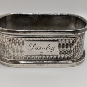 Vintage English Sterling Silver Napkin Ring &quot;Sandra&quot; name engraving, dated 1949