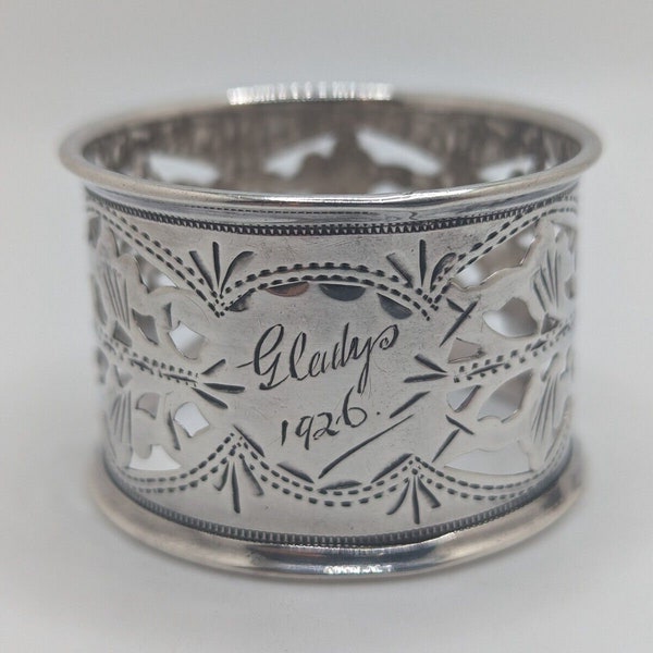 Antique English Sterling Silver Napkin Ring "Gladys" "1926" engravings, d. 1921