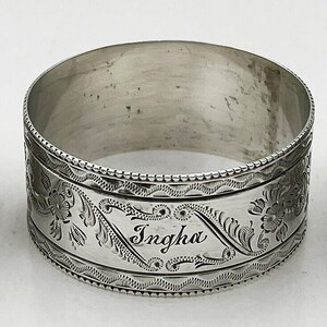 Antique English Sterling Silver Brite Cut Napkin Ring &quot;Ingha&quot; engraving, d. 1920