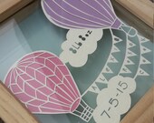 New baby papercut personalised with name, weight and date of birth. Hot air balloons, clouds and bunting.