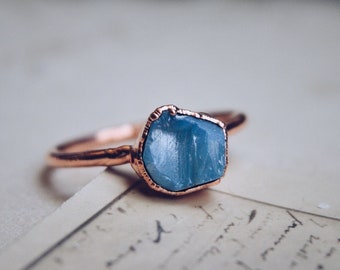 Raw blue opal ring, October birthstone, copper gemstone ring, alternative engagement ring, electroformed copper ring, raw crystal ring