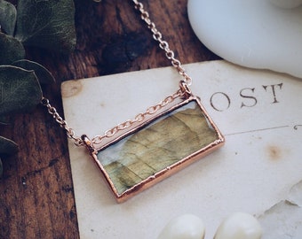 Labradorite necklace, rectangular labradorite necklace, copper labradorite necklace, copper electroformed necklace