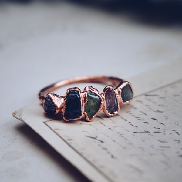 Tumbled tourmaline 5 stone ring, October birthstone, copper gemstone ring, tumble stone ring, electroformed copper ring, raw crystal ring