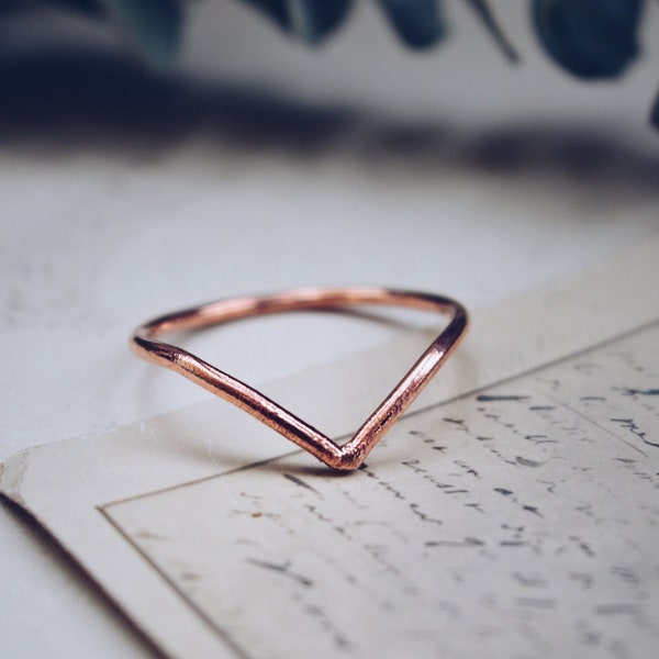 Chevron copper stacking ring, copper wedding engagement ring, ring enhancer, v shaped ring, plain copper band ring, electroformed ring