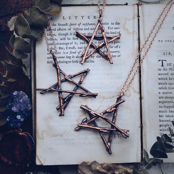 Pentagram twig necklace, real twig necklace, branch necklace, botanical copper necklace, electroformed twig necklace, witchy necklace