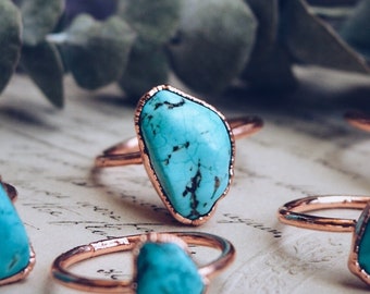 Turquoise ring, December birthstone, copper turquoise gemstone ring, tumble stone ring, electroformed copper ring, raw crystal ring