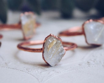 Raw golden rutile quartz ring, copper gemstone ring, alternative engagement ring, electroformed copper ring, raw crystal copper ring