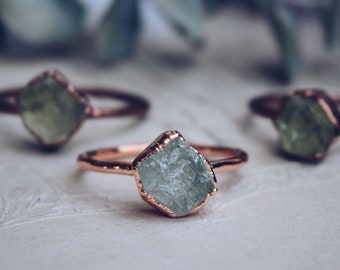 Raw green amethyst ring, copper gemstone ring, alternative engagement ring, electroformed copper ring, raw crystal copper ring
