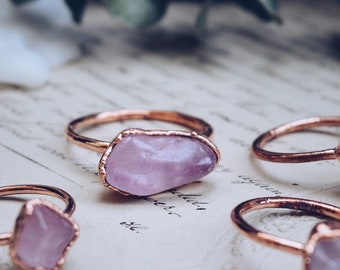 Tumbled rose quartz ring, January birthstone, copper gemstone ring, tumble stone ring, electroformed copper ring, raw crystal ring
