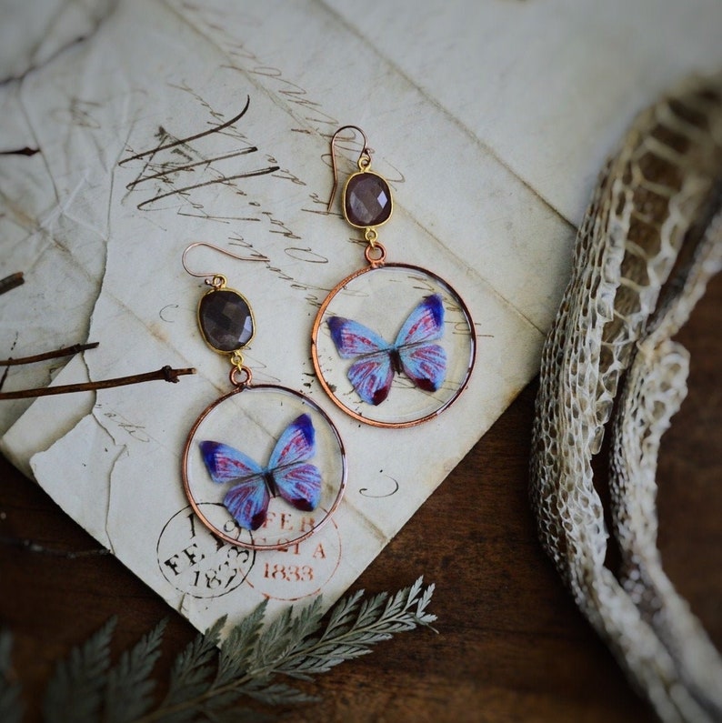 Butterfly moonstone earrings  botanical resin earrings  image 1