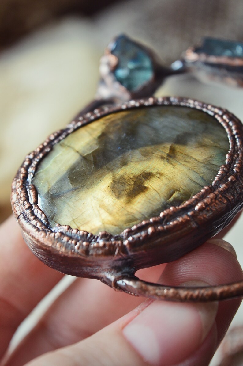 Labradorite orbital apple aura necklace \u00b7 crystal jewellery \u00b7 electroformed crystal necklace \u00b7 copper jewelry \u00b7 raw crystal necklace