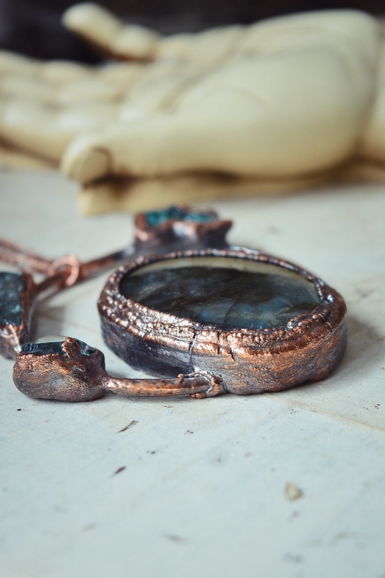 Labradorite orbital apple aura necklace \u00b7 crystal jewellery \u00b7 electroformed crystal necklace \u00b7 copper jewelry \u00b7 raw crystal necklace
