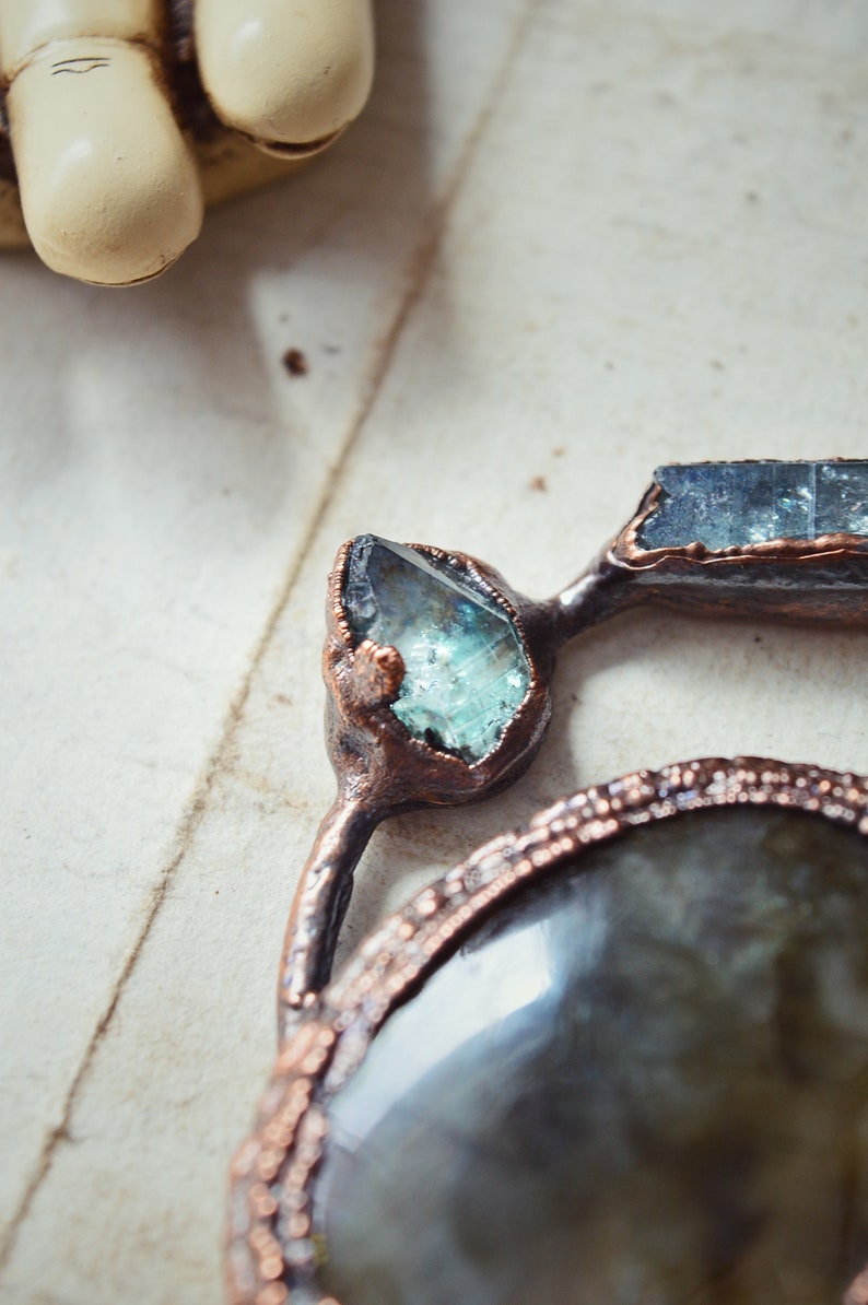 Labradorite orbital apple aura necklace \u00b7 crystal jewellery \u00b7 electroformed crystal necklace \u00b7 copper jewelry \u00b7 raw crystal necklace
