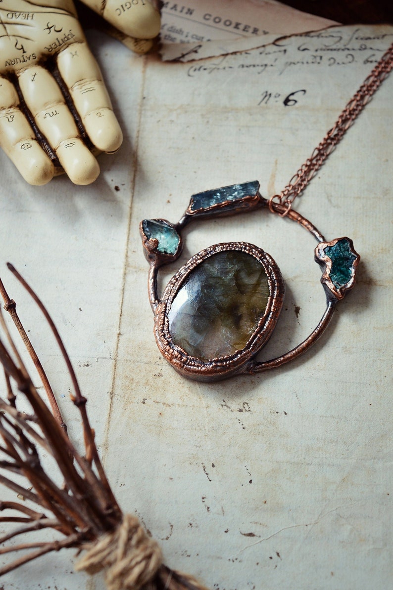 Labradorite orbital apple aura necklace \u00b7 crystal jewellery \u00b7 electroformed crystal necklace \u00b7 copper jewelry \u00b7 raw crystal necklace