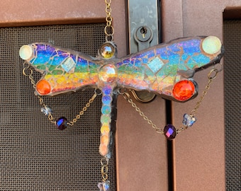 Dragonfly chandelier sun catcher//blue//glass mosaic mirror//handmade in USA