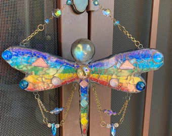 Dragonfly chandelier sun catcher//glass mosaic mirror//handmade in USA