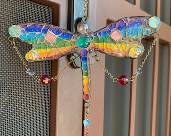 Dragonfly chandelier sun catcher//pink//glass mosaic mirror//handmade in USA