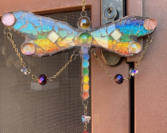 Dragonfly chandelier sun catcher//white//glass mosaic mirror//handmade in USA