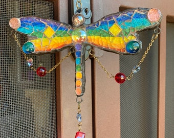 Dragonfly chandelier sun catcher//yellow//glass mosaic mirror//handmade in USA