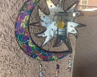 Sun moon stars//mirror glass mosaic// sun catcher//handmade in USA