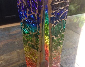 Chakra mosaic glass vase // mosaic candle holder // mosaic vase // rainbow // handmade USA