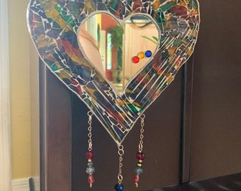 Heart//glass mirror mosaic// stained glass// sun catcher//handmade in USA