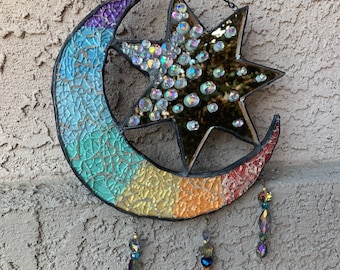 Sun moon stars//glass mirror mosaic// stained glass// sun catcher// handmade in USA
