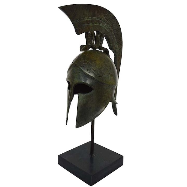 Petit casque corinthien en bronze avec serpent sur socle en marbre - Soldat hoplite