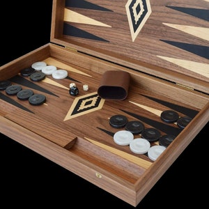 Walnut wood Backgammon Set  Black and white chips  Handmade in Greece