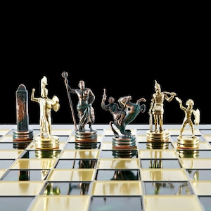 Mythology Chess Set - Gold and Green Pawns - Green Brass Board - Handmade in Greece