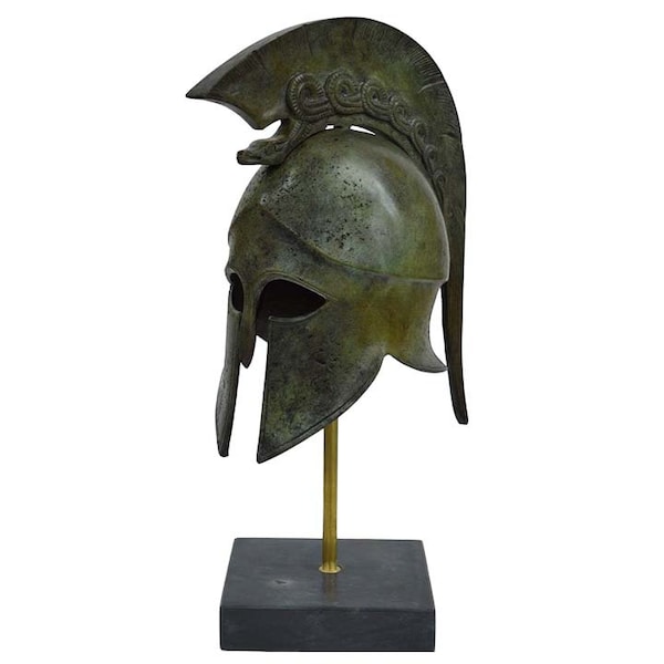 Casque corinthien en bronze avec serpent sur socle en marbre - Infanterie de soldat hoplite