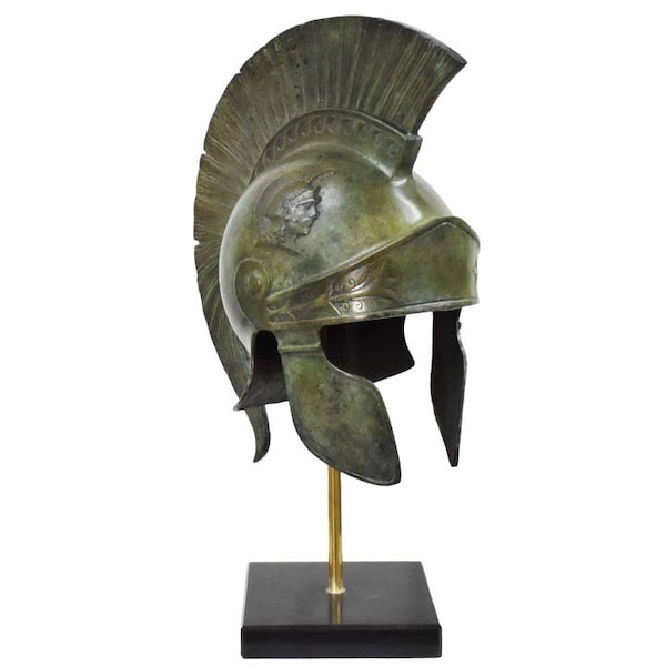 Casque athénien en bronze pur avec socle en marbre - Infanterie soldat hoplite Grèce