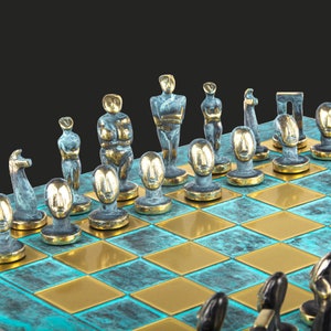 Cycladic Art Solid Brass Large Chess Set - Blue oxidized Board - Handmade in Greece