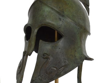 Spartan Great bronze real size exceptional high quality snake carved aged helmet