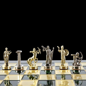 Labors of Hercules Chess Set - Gold and Silver Pawns - Green Brass Board - Handmade in Greece