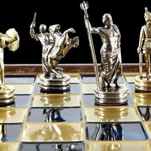 Mythology Chess Set Gold and Silver Pawns Wooden case Blue Board