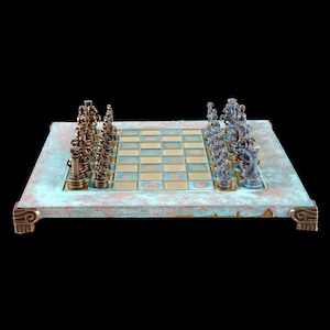 Greek Roman Period Chess Set - Blue and Copper Pawns - Blue oxidized Board