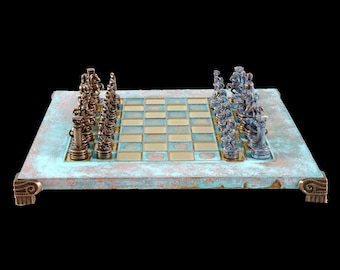 Greek Roman Period Chess Set - Blue and Copper Pawns - Blue oxidized Board