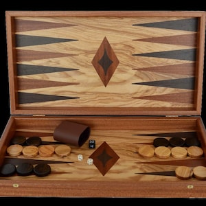 Traditional Olive Wood Backgammon Chess Set - Olive wood chips - Handmade in Greece