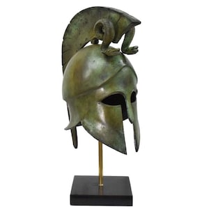 Corinthian bronze helmet with snake on marble base - Hoplite soldier infantry