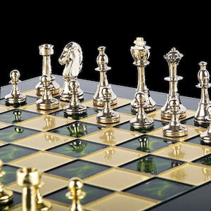 Chess Set - Brass and Nickel Pawns - Green chess Board