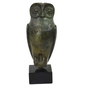 Owl of Wisdom Bronze statue on marble base - Goddess Athena symbol